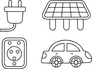 Isolated electric vehicle vector icons, charging plug, battery level, eco transport, EV car dock, solar charging, green technology, flat modern style for clean energy and environmental mobility