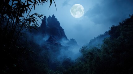 Misty mountain landscape bathed in moonlight.