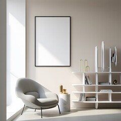 Comfortable armchair and modern shelf with artwork in a bright room
