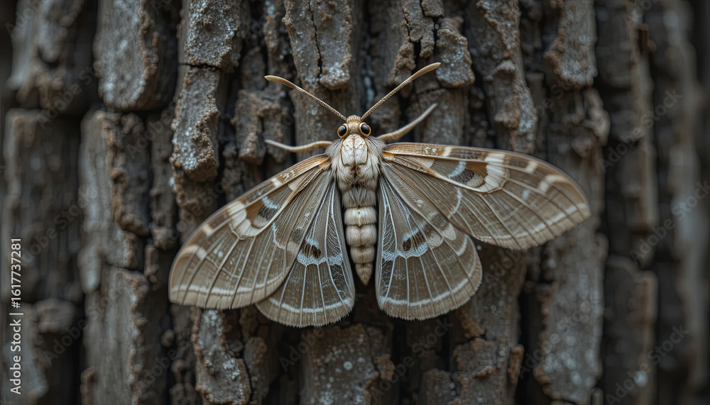 Poster a detailed view showcases the intricate patterns on the moth's wings as it clings to the textured su