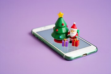 christmas holiday fun with santa and tree on smartphone screen