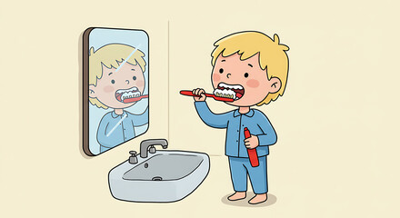 Cute cartoon boy in pajamas brushing his teeth in the bathroom. Child's daily dental hygiene routine concept.
