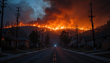 Flames spread rapidly across the hillside, illuminating the darkened sky as residents witness the destructive wildfire from their homes. Smoke billows, creating an urgent situation
