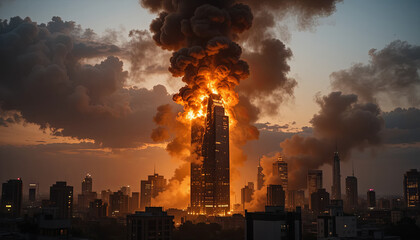 A towering building is consumed by flames, sending dark smoke into the sky as the sun sets. Nearby structures are silhouetted against this dramatic scene, highlighting the emergency