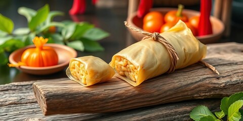 Wrapped zongzi on rustic wood, Dragon Boat Festival tradition,  delicious,  food photography