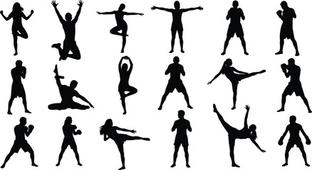 Silhouettes of people performing yoga, dance, and martial arts poses, symbolizing fitness, flexibility, wellness, balance, strength, and movement