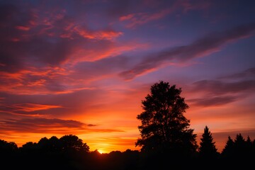 Obraz premium Dramatic Sunset Sky with Silhouetted Trees and Warm Tones