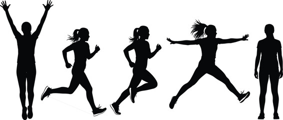 Silhouette of a woman in athletic poses, running, jumping, exercising, showing fitness, energy, agility, strength, health, outdoor activity