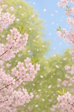 Fototapeta Cherry blossoms and spring greenery under soft blue sky