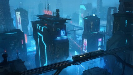 Futuristic cityscape with glowing neon lights and a sleek train traversing the elevated tracks, a vibrant urban landscape of tomorrow