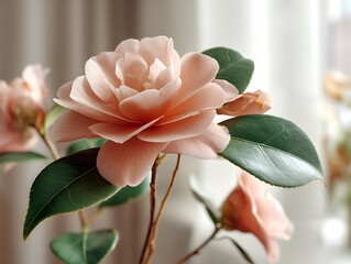 Elegant Pink Camellia Blossom with Green Leaves Against Soft with Natural Light.