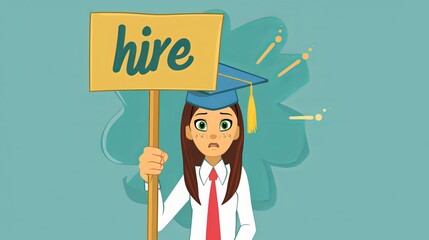 A young person who has just graduated from college is looking for work. They are holding a sign that says "hire me."