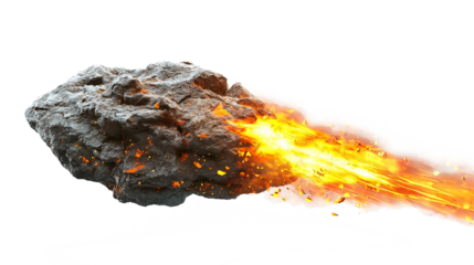 A fiery meteor flying through space in a fiery orange color, isolated on a transparent background. PNG