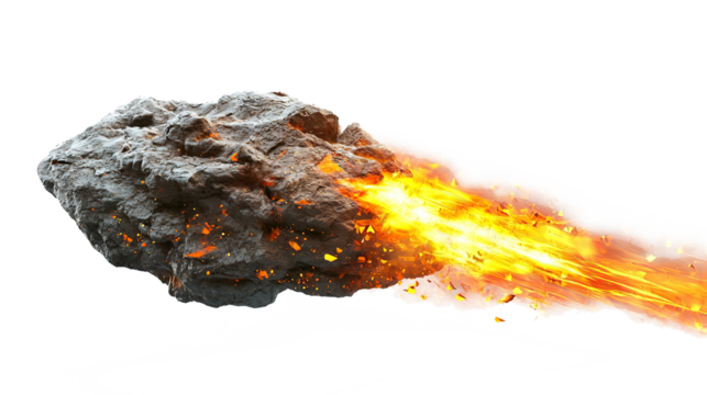 A fiery meteor flying through space in a fiery orange color, isolated on a transparent background. PNG