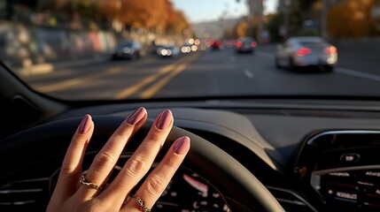 Driving in Autumn Hand on Steering Wheel with City Road, and Blurred Background.