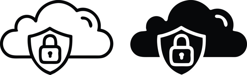 Cloud Protection Icon Set – Vector Secure Storage Lock Symbol in Black and White