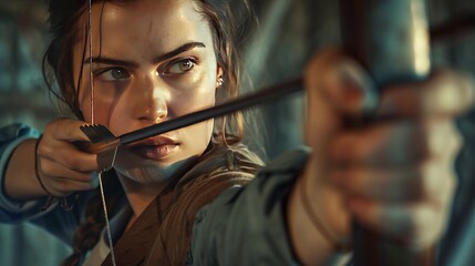 A young woman trains hard, focusing on archery, determined to improve her skills.