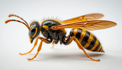 A bee is captured in sharp detail, revealing its striped body and delicate wings. The image highlights its textured exoskeleton under natural light, portraying active pollination behavior