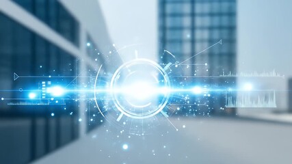 Futuristic digital interface with glowing geometric shapes and graphs - Powered by Adobe