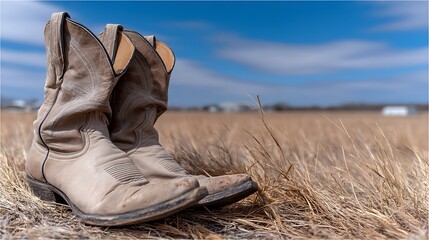 Dusty Cowboy Boots in Grassy Field Under Blue Sky Western Lifestyle Concept.