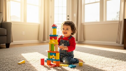 Cute toddler playing on carpet with colorful blocks in cozy living room, perfect for childhood and indoor lifestyle concept.

