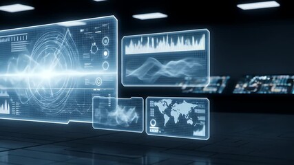 Futuristic holographic displays with data visualizations and world map - Powered by Adobe
