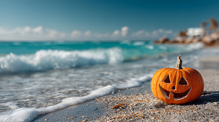 Pumpkin Jack-o'-lantern on the beach. Jack-o-lantern for Happy Halloween. Autumn season. On background turquoise ocean water. Autumn in Florida. Fall season. Tropical nature.
