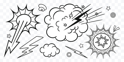 Dynamic Cartoon Comic Book Style Elements Collection Featuring Explosions Clouds and Lightning Bolts for Creative Projects © design png