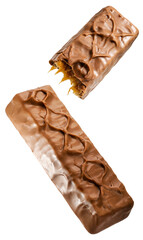 Chocolate bars filled with caramel and nuts isolated on white background, Chocolate bar on white With clipping path, High resolution photography PNG file.