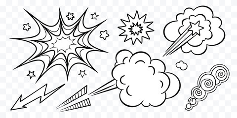 Comic Book Style Explosion Effects Set with Clouds Stars and Arrows for Design and Illustration Projects © design png