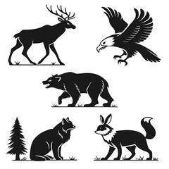 Diverse Wildlife Silhouettes Deer Eagle Bear Wolf Fox.