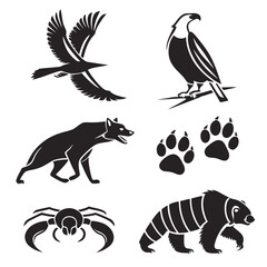 Diverse Wildlife Silhouettes Eagle Wolf Bear Spider and Bird.