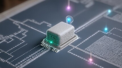 Realistic close-up of a smart home IoT sensor with LED indicators and detailed circuit patterns