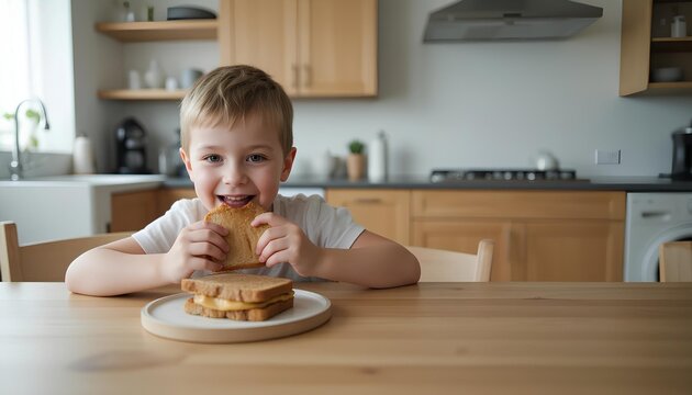 child happily eating a peanut butter sandwich at the kitchen table