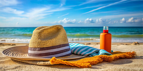 A woven straw hat rests beside a bright orange sunscreen bottle and a striped towel on warm sand. Gentle ocean waves lap at the shore under a clear blue sky, creating a tranquil atmosphere