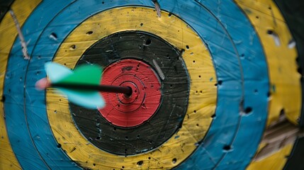 An archery target is a round board with colored circles. The center of the target is called the bullseye. In the picture, we can see an arrow that has hit the bullseye.