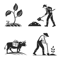 Farming and Agriculture Icons with Farmer and Cow.