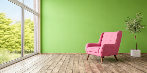 A modern pink armchair is positioned in a vibrant green room, allowing sunlight to stream in through expansive windows, enhancing the lively atmosphere