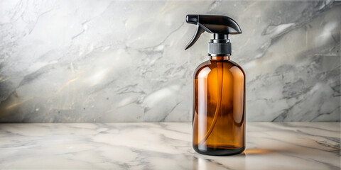 An empty amber spray bottle with a black nozzle is placed on a smooth marble countertop