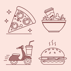 Fast Food Icons Pizza Salad Burger and Scooter.