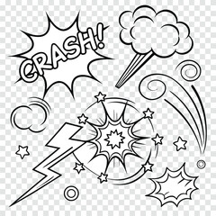 Comic Book Style Explosion Shapes and Effects Outline Black and White Vector Illustration with Crash Word © design png