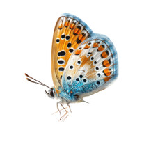 Vibrant butterfly in flight, showcasing intricate wing patterns in blue, orange, and white