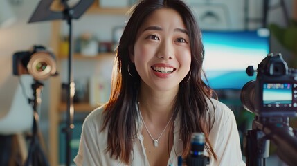 An Asian woman records a live video in her home studio using her viral camera. As a popular Youtuber, she shares her advice and reviews on her hobbies and experiences in the media. 