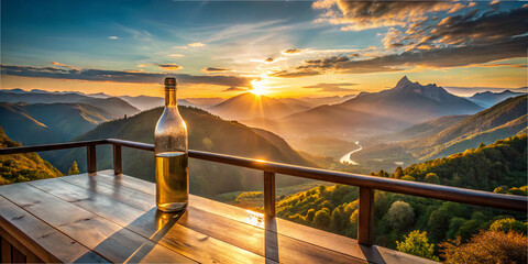 A bottle of wine rests on a wooden table as the sun sets behind majestic mountains. The vibrant sky reflects warm colors, illuminating a peaceful valley below