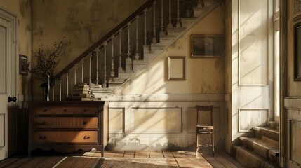 An entryway of a house in England has a table with drawers and stairs.