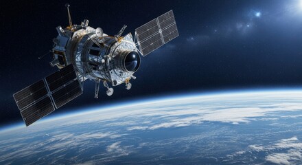 A satellite glides over earths atmosphere with stars in the distance
