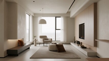 Elegant modern living room interior design with minimalist furniture, creating a serene and sophisticated atmosphere for relaxation and lifestyle
