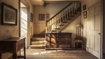 An entryway of a house in England has a table with drawers and stairs.
