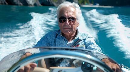 An older man is enjoying the thrill of driving a speedy motorboat.