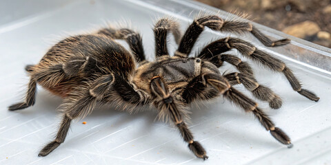 A large tarantula rests on a transparent surface, its soft, hairy body glistening in natural light. The intricate details and unique patterns are clearly visible, highlighting its presence